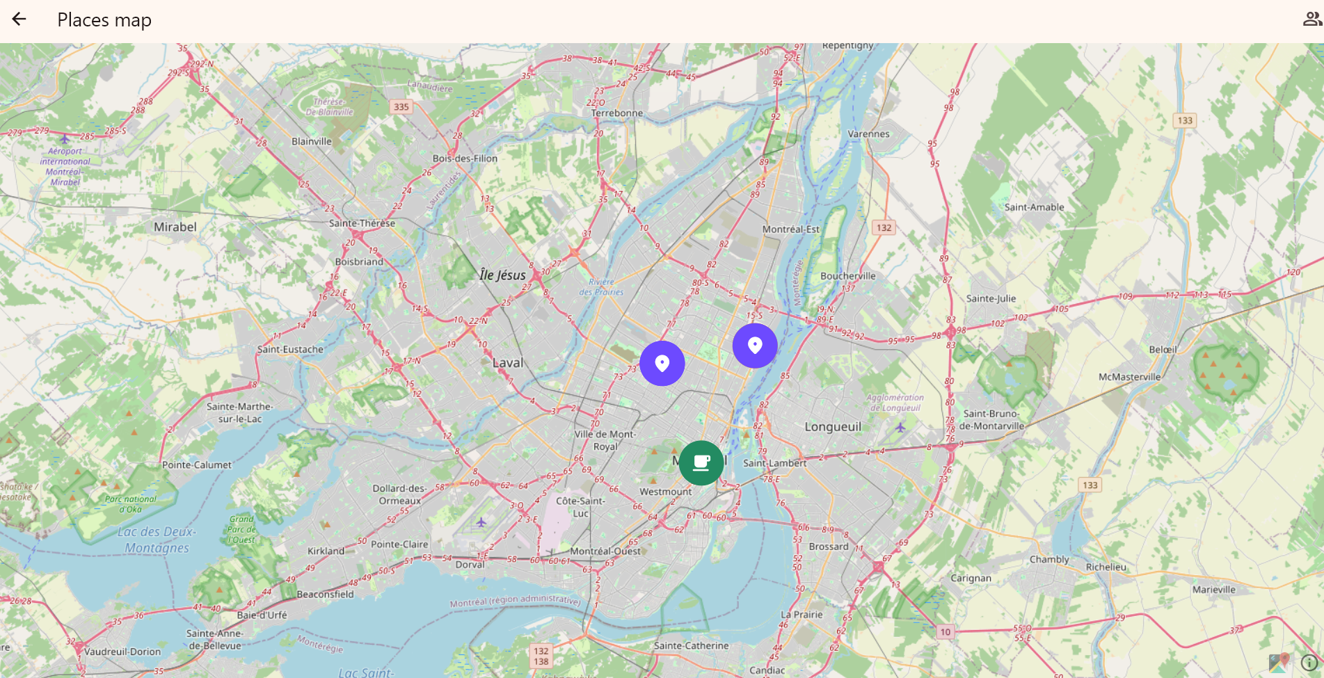 Map of Montréal with three differently styled saved-place markers